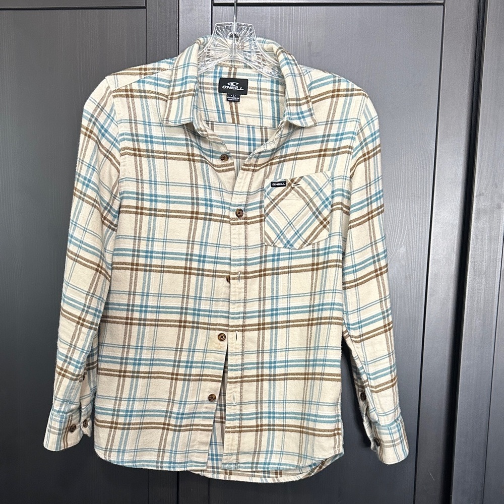 Boys O’Neill, Beige and Teal plaid flannel size large